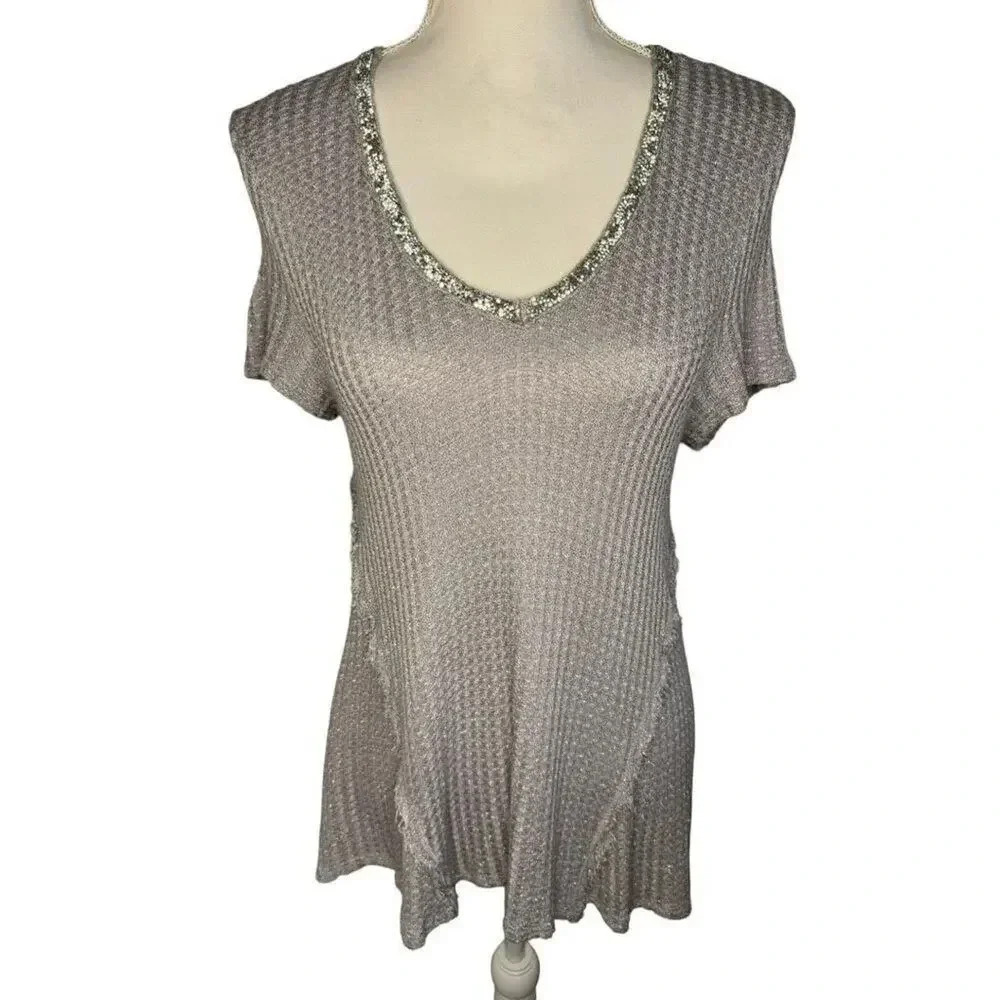 Juicy Couture Women’s Medium Gray Waffle Knit Sequined V-Neck Top